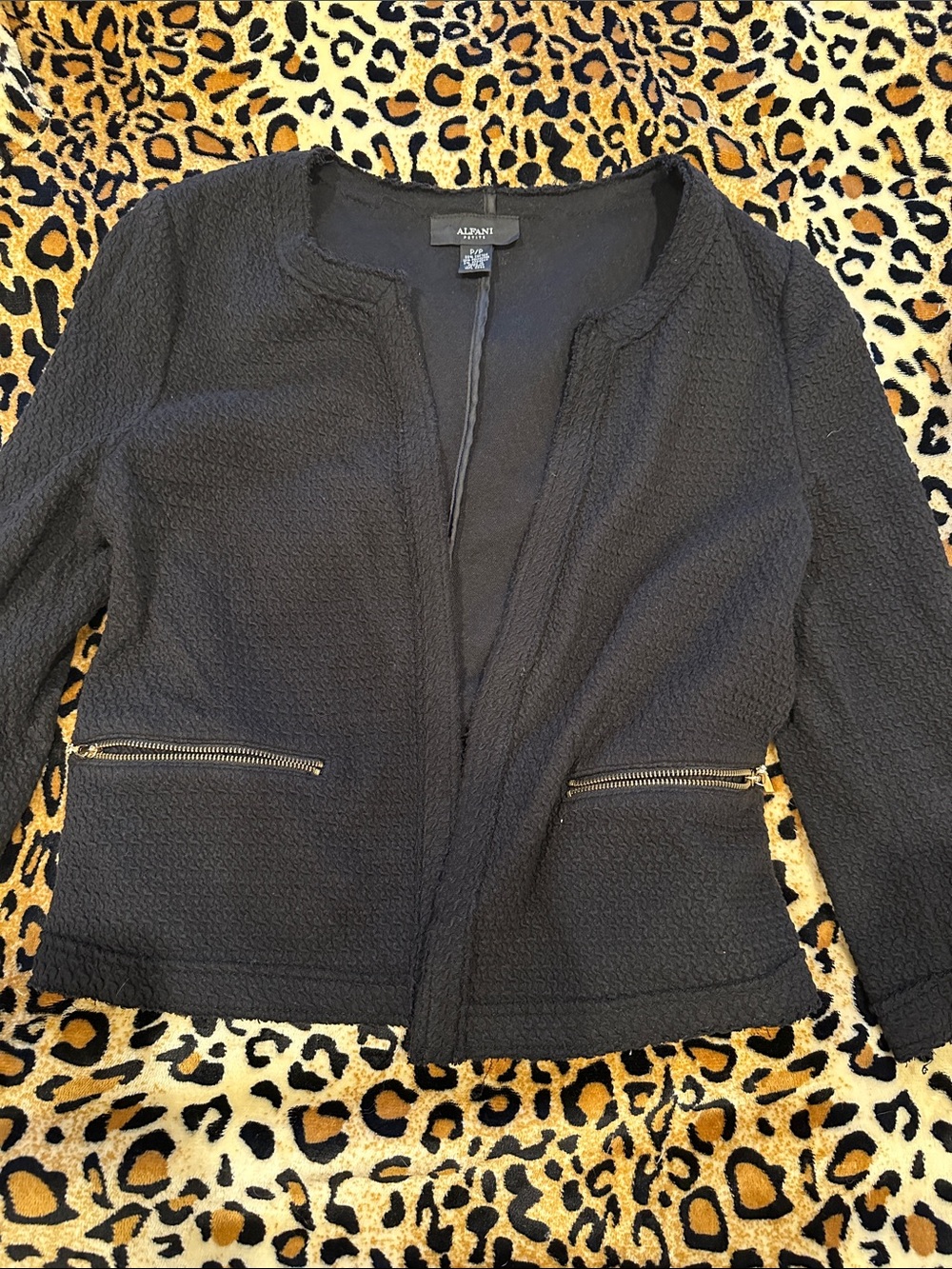Alfani Black Textured Open-Front Zip-Pocket Blazer